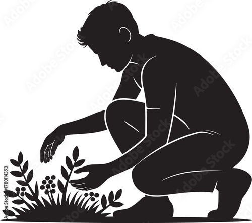 Silhouette of a Gardener Squatting Amongst Plants Caring for Young Growth in Black Vector