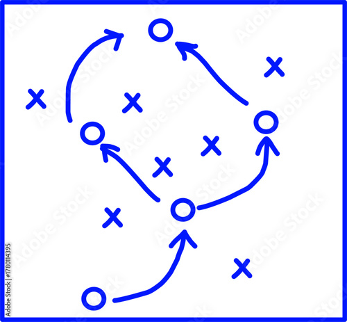 Blue strategy diagram with circles, crosses, and arrows on white background, symbolizing teamwork, planning, tactical moves, and creative strategic coordination.
