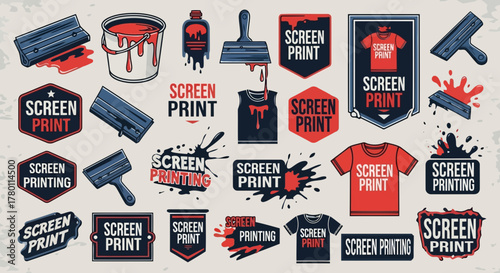 Collection of screen printing tools, emblems, and tshirt designs, featuring squeegees, buckets, and ink splatters