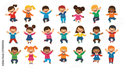 Diverse group of happy, energetic children jumping and celebrating with arms raised