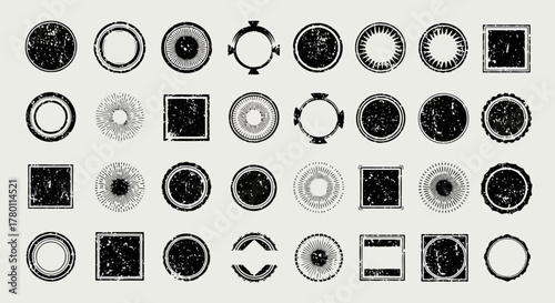 A grid of distressed circular and square stamp and seal graphics with a grunge texture, perfect for adding a vintage or authentic feel to designs
