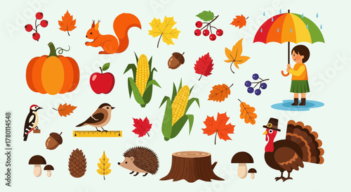 Collection of autumn elements including a pumpkin, squirrel, corn, apple, birds, leaves, mushrooms, pinecone, hedgehog, and a child with an umbrella