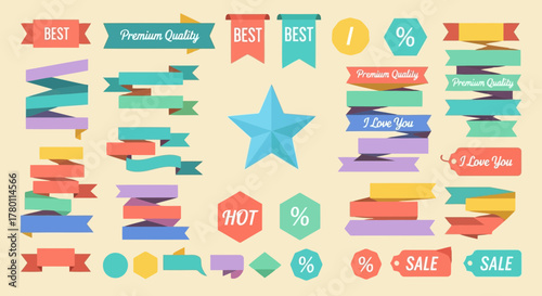 Collection of flat design ribbons, banners, and badges with text like best, premium quality, hot, sale, and i love you