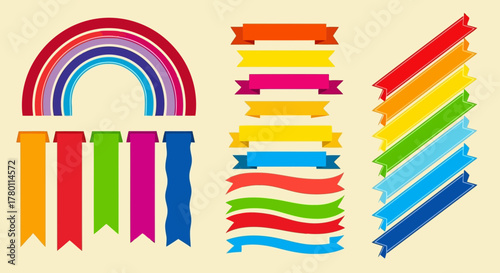 Set of colorful ribbons and rainbow elements, including a semicircle rainbow, vertical ribbons, horizontal banners, and diagonal stripes