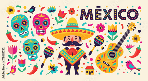 Vibrant and colorful illustration celebrating mexican culture with a central mariachi figure in a sombrero, surrounded by sugar skulls, maracas, a guitar, chili peppers, flowers, and the word mxico