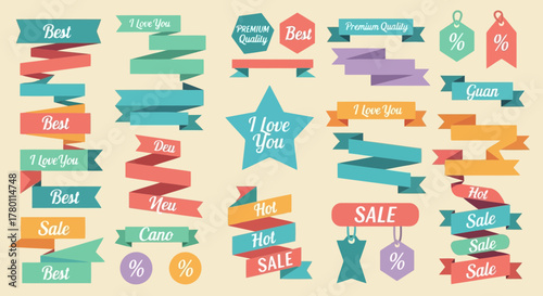 Collection of diverse flat design ribbons, banners, and tags in various colors and shapes, featuring text like best, sale, hot, i love you, quality, and percentage symbols for promotions
