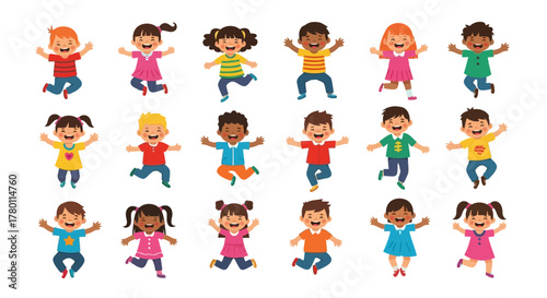 Group of diverse cartoon children jumping and expressing joy