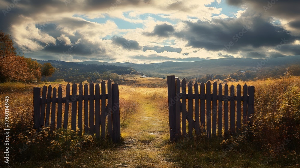 Obraz premium An open wooden gate leading to a path through a field with a distant mountain range and a cloudy sky.