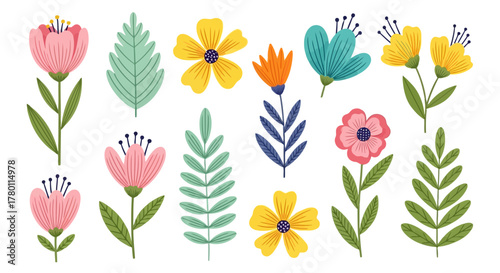 Collection of colorful, stylized flowers and leaves with a textured appearance