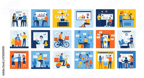 Collection of small illustrations depicting various business activities, teamwork, and delivery services, presented in a grid layout