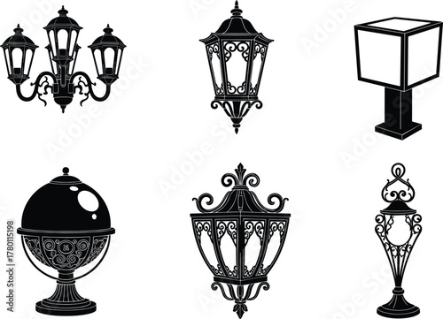 Silhouettes of ornate street lamps, vector illustration of vintage and modern outdoor lighting for architectural, decorative, and urban design