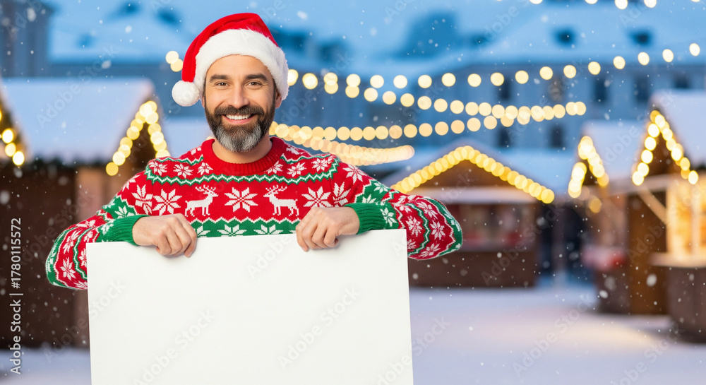 Obraz premium Smiling Man in Santa Hat and Christmas Sweater Holding Blank Sign at Snowy Market