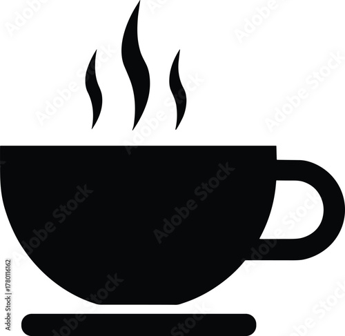 Black silhouette of steaming coffee cup with saucer, hot beverage icon, cozy drink symbol, cad drawing flat vector illustration