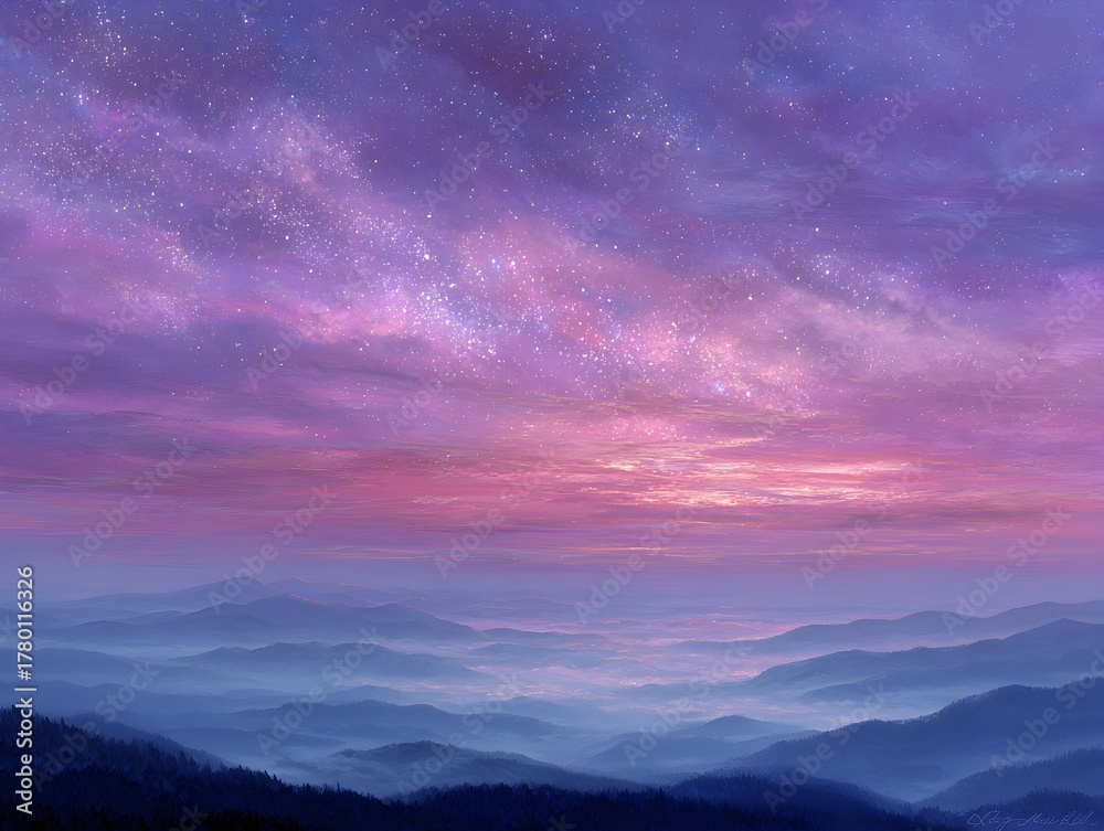 Fototapeta premium A beautiful pink and purple nebula sky stretches above a misty mountain range under starry conditions.
