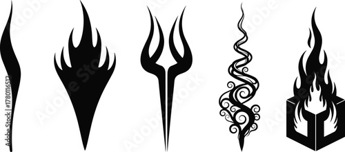 Silhouettes of stylized flame designs, vector illustration of abstract fire shapes for tattoo, graphic art, and symbolic decoration