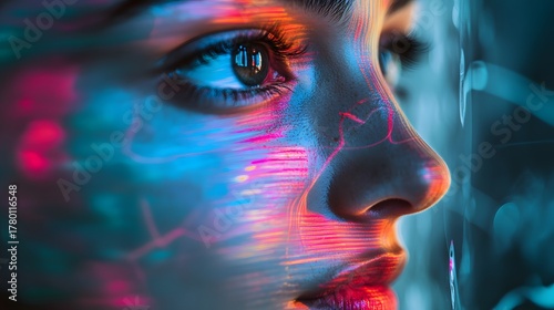 Close-up portrait of a woman's face with vibrant neon lights reflecting on her skin.