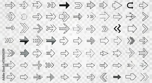 A collection of handdrawn arrow icons in various styles, including solid, outlined, and sketchy designs, on a transparent background, perfect for user interface elements and design projects