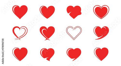 Collection of twelve red heart icons and symbols