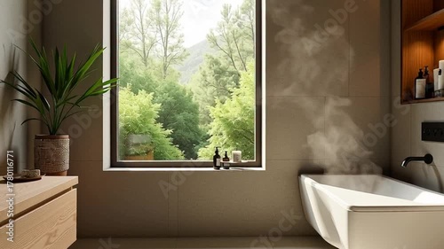 Modern bathroom interior design with a tranquil view, perfect for a relaxing spa experience and showcasing stylish home living concepts