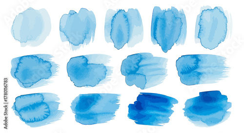 Collection of blue watercolor brush strokes and splashes