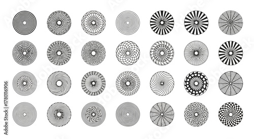 Thirtytwo diverse circular mandala designs with detailed geometric patterns