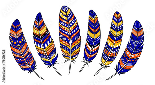 A collection of six colorful, intricately patterned feathers arranged in a semicircle on a, evoking a bohemian or tribal aesthetic