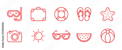 Summer Vacation Icons: Snorkel, Suitcase, Lifebuoy, Flip-flops, Starfish, Camera, Sun, Sunglasses, Watermelon, Beach Ball