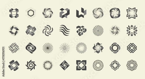 A grid of thirtytwo abstract geometric logos and symbols in various shapes and styles, presented in a monochrome palette on a light beige background, suitable for branding