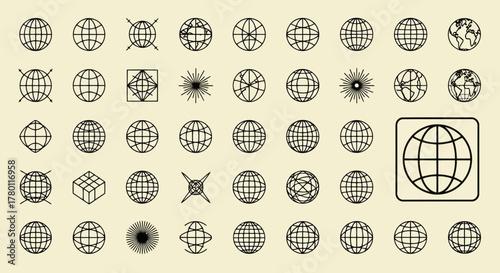 Collection of globe icons and symbols representing earth, geography, and global connection, with variations in design and style