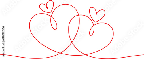 Two Intertwined Red Hearts with a Smaller Heart Above, Minimalist Line Art