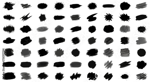 Diverse collection of 60 black and grey abstract brush strokes, paint splatters, and ink marks on a