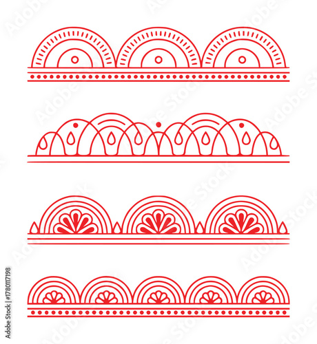 Collection of Four Red Decorative Borders with Geometric and Floral Motifs