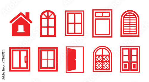 Collection of Red House and Window Icons, Doors, and Architectural Elements