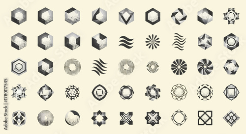 Collection of geometric and abstract icons and symbols in a vintage, etched, or distressed style, featuring hexagons, stars, waves, and circular patterns, isolated on a cream background