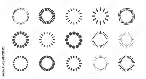Set of circular loading spinners and progress indicators in various styles, including segmented circles, radiating lines, and dotted rings, isolated on a