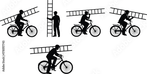 Silhouettes of person with bicycle and ladder in varied poses, vector illustration of humorous transportation and climbing scenarios
