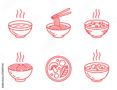 Collection of Red Line Art Icons Featuring Various Bowls of Hot Food and Noodles