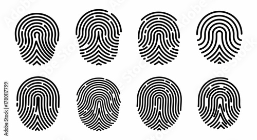 Collection of eight black and white fingerprint icons, , representing identity, security, and biometrics