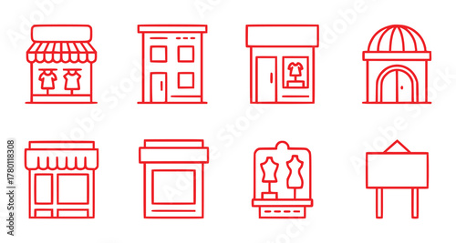 Collection of Red Line Art Icons Representing Various Shops and Buildings