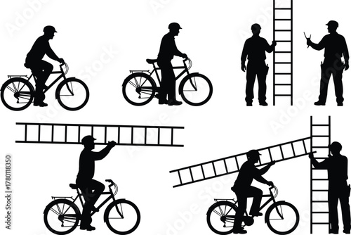 Silhouettes of person, bicycle, and ladder in sequential actions, vector illustration of humorous problem-solving and outdoor character scenes