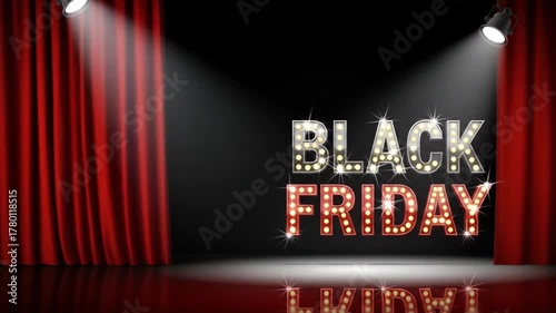 Brightly lit marquee letters spelling out Black Friday, set against a dramatic red curtain backdrop, creating an inviting atmosphere for promotional events and sales