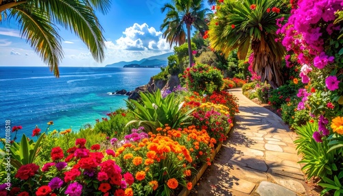 Fototapeta Naklejka Na Ścianę i Meble -  Lush Tropical Garden Pathway With Vibrant Flowers Overlooking A Turquoise Ocean Under A Clear Blue Sky With Palm Trees And Distant Green Hills