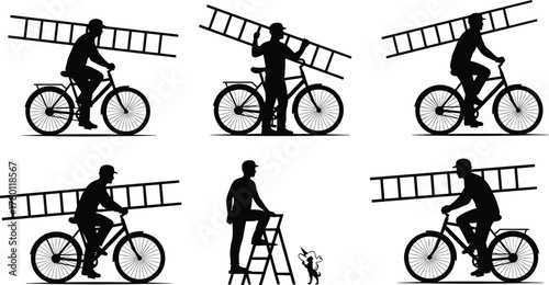 Silhouettes of person transporting ladder by bicycle and standing with dog, vector illustration of humorous outdoor scenes and tools