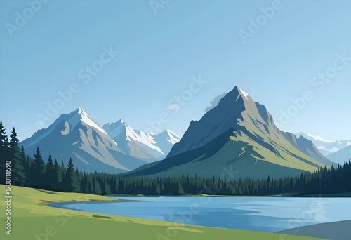 Stylized nature calm lake, evergreen trees and alpine mountains with snow-capped peaks and pine forest. ideal for travel content or eco-branding