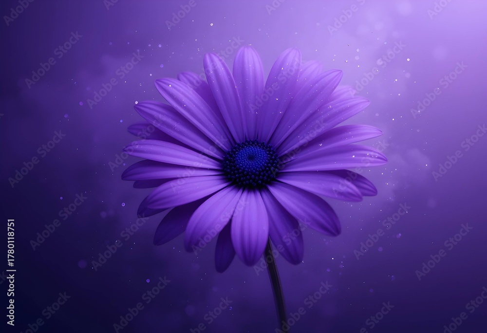 Obraz premium Vibrant purple daisy flower background. glowing dreamy bokeh, sparkling particles - ideal for beauty, wellness or feminine branding with copy space.