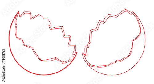 Cracked Red Eggshell Halves Isolated on White Background, Simple Outline