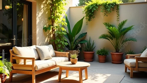 Serene outdoor patio scene with lush plants and modern furniture, perfect for relaxation and tranquil moments in a private garden oasis