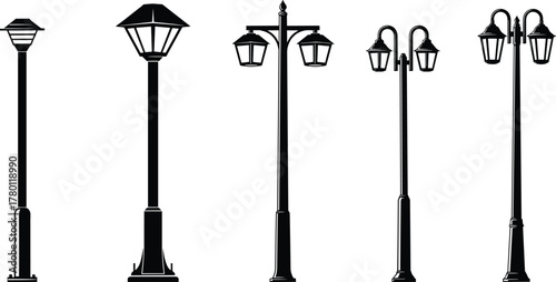 Silhouettes of modern and traditional street lamps, vector illustration of outdoor lighting fixtures with single and double lantern designs