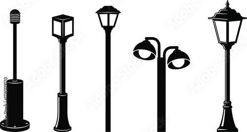 Silhouettes of diverse street lamp designs, vector illustration of modern and vintage outdoor lighting fixtures for urban and architectural settings