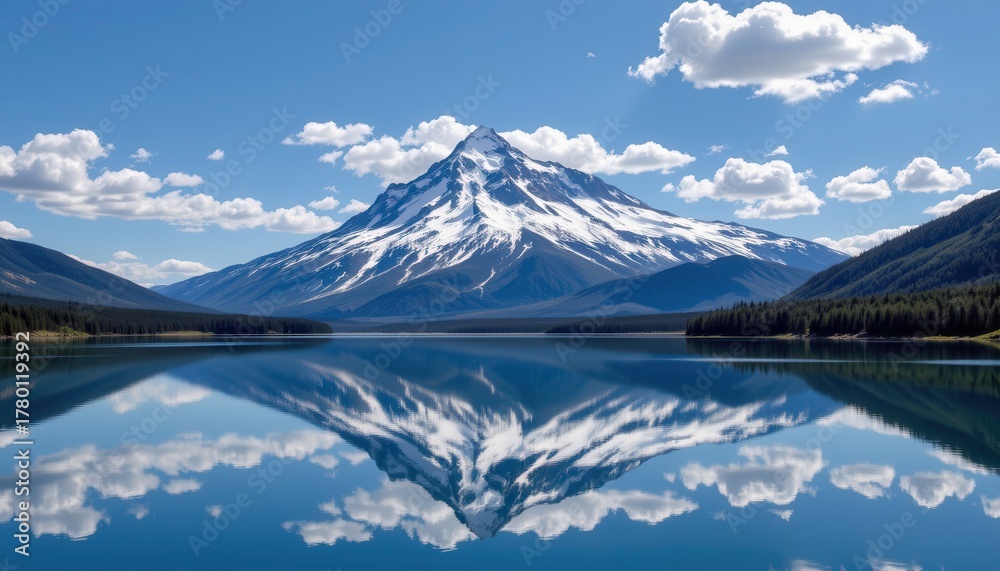 Obraz premium Majestic snow-capped mountain reflection on serene lake under a bright blue sky with fluffy clouds